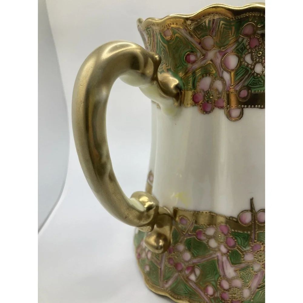Antique Nippon Hand Painted Moriage Floral Pitcher Gold Gilt‎ Porcelain Cottage
